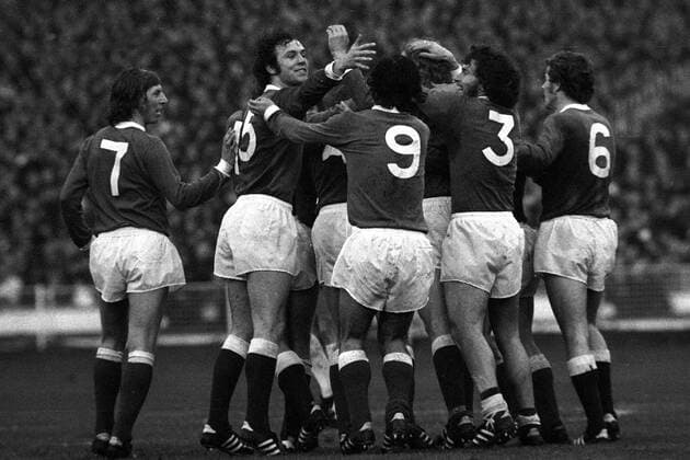 Torjubel BR Deutschland, u.a.v.li.: Jürgen Grabowski, Franz Beckenbauer, Gerd Müller, Paul Breitner und Herbert Wimmer Fußball EM Herren Europameisterschaft 1972, Länderspiel, Viertelfinale, Nationalmannschaft, Nationalteam Gruppe London Begeisterung, Freude,