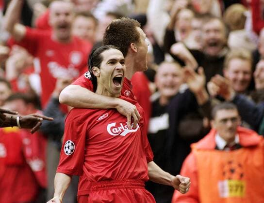 Luis Garcia (vorn) und John Arne Riise (beide Liverpool) - Torjubel - EDITORIAL USE ONLY. No use with unauthorised audio, video, data, fixture lists, club league logos or live services. Online in-match use limited to 120 images, no video emulation. No use in betting, games or single club league player publications. Fußball EC 1 Herren Champions League 2004 2005, Halbfinale, Liverpool FC Gruppe Liverpool Begeisterung, Freude,