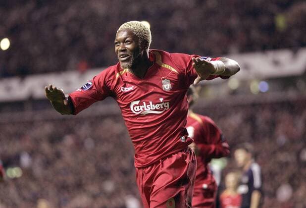 Djibril Cisse (Liverpool) - Torjubel - EDITORIAL USE ONLY. No use with unauthorised audio, video, data, fixture lists, club league logos or live services. Online in-match use limited to 120 images, no video emulation. No use in betting, games or single club league player publications. Fußball EC 1 Herren Champions League 2005 2006, English Premier League, 1. Englische Liga, FC Liverpool Einzelbild Liverpool Freude,