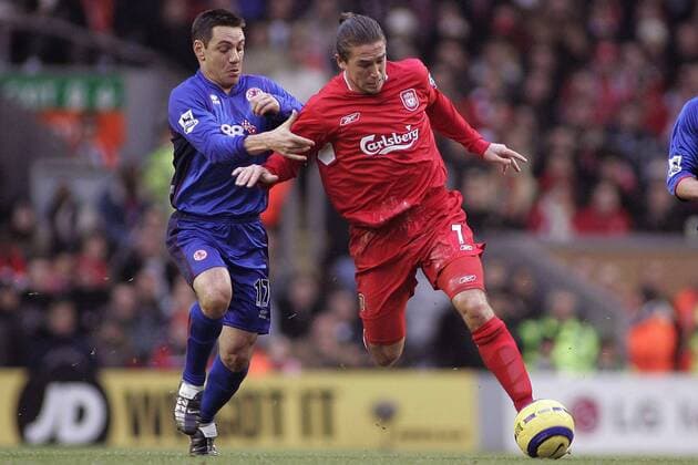 Doriva (Middlesbrough, li.) gegen Harry Kewell (Liverpool) - EDITORIAL USE ONLY. No use with unauthorised audio, video, data, fixture lists, club league logos or live services. Online in-match use limited to 120 images, no video emulation. No use in betting, games or single club league player publications. Fußball Herren English Premier League 2005 2006, 1. Englische Liga, FC Liverpool - Middlesbrough FC 2:0 Gruppe Liverpool Dynamik,