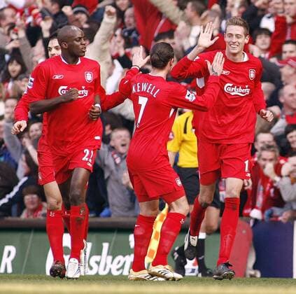 Torjubel Liverpool, v. re. Torschütze Peter Crouch, Harry Kewell, Mohamed Lamine Sissoko - EDITORIAL USE ONLY. No use with unauthorised audio, video, data, fixture lists, club league logos or live services. Online in-match use limited to 120 images, no video emulation. No use in betting, games or single club league player publications. Fußball Herren FA Cup 2005 2006, englischer Pokal, Pokalspiel, FC Liverpool Gruppe Liverpool Freude,
