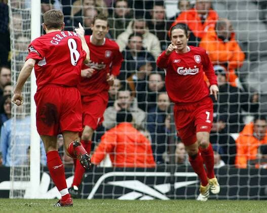 Steven Gerrard (li.) und Harry Kewell (beide Liverpool) - Torjubel - EDITORIAL USE ONLY. No use with unauthorised audio, video, data, fixture lists, club league logos or live services. Online in-match use limited to 120 images, no video emulation. No use in betting, games or single club league player publications. Fußball Herren English Premier League 2005 2006, 1. Englische Liga, FC Liverpool, Vdig Gruppe Liverpool Freude,