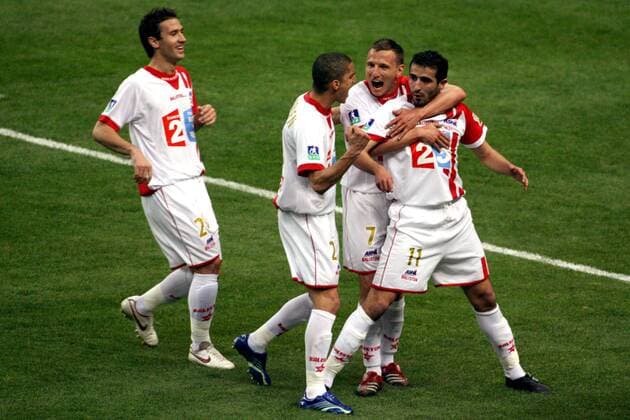 Torjubel Nancy, v.re.: Moncef Zerka, Emmanuel Duchemin, Mickael Chretien und Benjamin Gavanon - (pan13785) Fußball Herren Coupe de la Ligue 2005 2006, Französischer Ligapokal, Finale, Endspiel, AS Nancy Lorraine, Ligue 1 Gruppe Ligapokalendspiel, Ligapokalfinale Paris Freude,