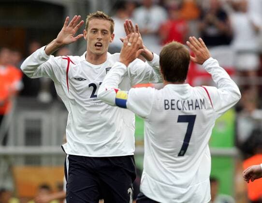 Peter Crouch (li.) und David Beckham (beide England) - Torjubel - Fußball WM Herren WM 2006, Länderspiel, Nationalteam, Gruppe B, England, Nationaltrikot Gruppe Nürnberg Freude, Fußball WM Herren WM 2006, Länderspiel, Nationalteam, Gruppe B, England, Nationaltrikot Gruppe Nürnberg Freude,
