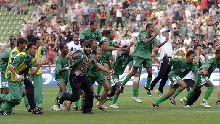 Saudi Arabien ist INAS FID Weltmeister 2006 - ausgelassener Jubel nach dem 9:8 Sieg im Elfmeterschießen Fußball WM Herren INAS FID WM 2006 für Menschen mit Behinderung, Länderspiel, Endspiel, Finale Totale Leverkusen Freude, Begeisterung, Fußball WM Herren INAS FID WM 2006 für Menschen mit Behinderung, Länderspiel, Endspiel, Finale Totale Leverkusen Freude, Begeisterung,