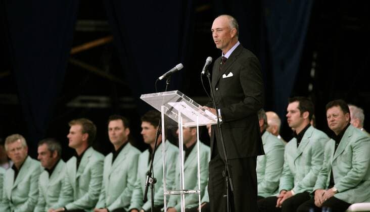 Kapitän Tom Lehmann (Team USA) hält während der Eröffnungsfeier des Ryder Cup 2006 eine Ansprache - (STR2006092160) Golf Herren Ryder Cup 2006, Rydercup, PGA Tour, Eröffnung, Eröffnungszeremonie, Zeremonie Einzelbild Straffan Golf Herren Ryder Cup 2006, Rydercup, PGA Tour, Eröffnung, Eröffnungszeremonie, Zeremonie Einzelbild Straffan