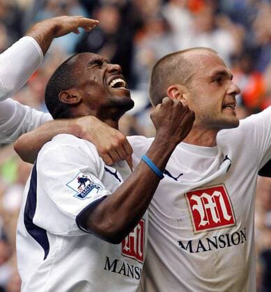 Jermain Defoe (li.) und Danny Murphy (beide Tottenham Hotspurs) - Torjubel - EDITORIAL USE ONLY. No use with unauthorised audio, video, data, fixture lists, club league logos or live services. Online in-match use limited to 120 images, no video emulation. No use in betting, games or single club league player publications. Fußball Herren English Premier League 2006 2007, 1. Englische Liga, Tottenham Hotspur, Spurs Gruppe London Freude, Begeisterung, Fußball Herren English Premier League 2006 2007, 1. Englische Liga, Tottenham Hotspur, Spurs Gruppe London Freude, Begeisterung,