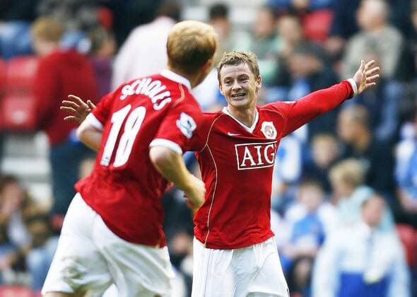 Ole Gunnar Solskjaer (Manchester United) - Torjubel - EDITORIAL USE ONLY. No use with unauthorised audio, video, data, fixture lists, club league logos or live services. Online in-match use limited to 120 images, no video emulation. No use in betting, games or single club league player publications. Fußball Herren English Premier League 2006 2007, 1. Englische Liga, Manchester United, ManU Einzelbild Wigan Freude, Fußball Herren English Premier League 2006 2007, 1. Englische Liga, Manchester United, ManU Einzelbild Wigan Freude,