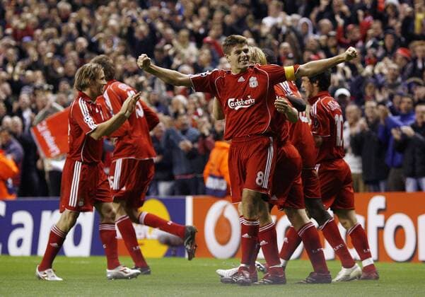Steven Gerrard (Liverpool) - Torjubel - EDITORIAL USE ONLY. No use with unauthorised audio, video, data, fixture lists, club league logos or live services. Online in-match use limited to 120 images, no video emulation. No use in betting, games or single club league player publications. Fußball EC 1 Herren Champions League 2006 2007, FC Liverpool Gruppe Liverpool Freude, Fußball EC 1 Herren Champions League 2006 2007, FC Liverpool Gruppe Liverpool Freude,