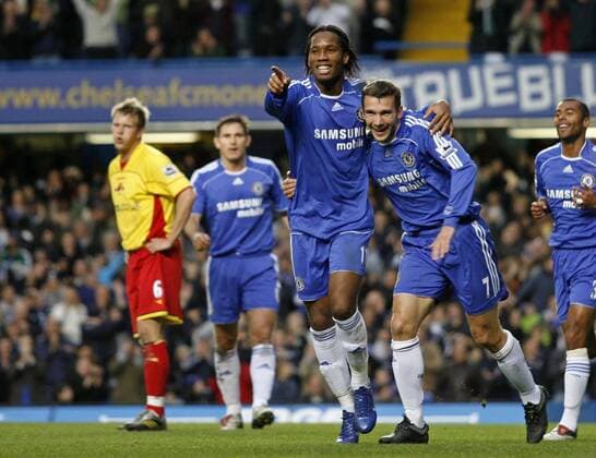Didier Drogba (Mitte) und Andriy Shevchenko (beide Chelsea) - Torjubel - EDITORIAL USE ONLY. No use with unauthorised audio, video, data, fixture lists, club league logos or live services. Online in-match use limited to 120 images, no video emulation. No use in betting, games or single club league player publications. Fußball Herren English Premier League 2006 2007, 1. Englische Liga, Chelsea FC London - Watford FC 4:0 Gruppe London Harmonie, Freude, Fußball Herren English Premier League 2006 2007, 1. Englische Liga, Chelsea FC London - Watford FC 4:0 Gruppe London Harmonie, Freude,