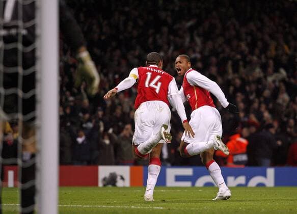 Julio Cesar Baptista (re.) und Thierry Henry (beide Arsenal London) - Torjubel - EDITORIAL USE ONLY. No use with unauthorised audio, video, data, fixture lists, club league logos or live services. Online in-match use limited to 120 images, no video emulation. No use in betting, games or single club league player publications. Fußball EC 1 Herren Champions League 2006 2007, Arsenal FC London Gruppe London Freude, Fußball EC 1 Herren Champions League 2006 2007, Arsenal FC London Gruppe London Freude,
