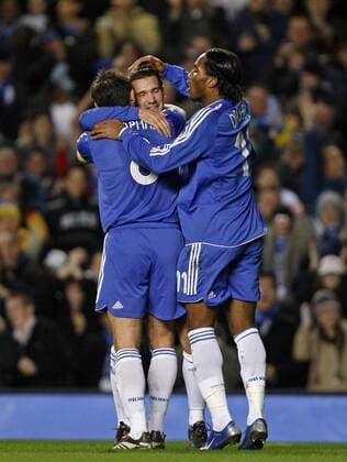 Torjubel Chelsea, v.li.: Frank Lampard, Andriy Shevchenko und Didier Drogba - EDITORIAL USE ONLY. No use with unauthorised audio, video, data, fixture lists, club league logos or live services. Online in-match use limited to 120 images, no video emulation. No use in betting, games or single club league player publications. Fußball EC 1 Herren Champions League 2006 2007, Chelsea FC London Gruppe London Harmonie, Freude, Fußball EC 1 Herren Champions League 2006 2007, Chelsea FC London Gruppe London Harmonie, Freude,