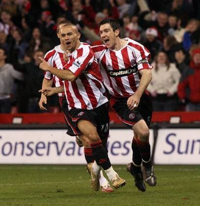 Torjubel Sheffield United - Torschütze Danny Webber (li.) und Chris Morgan jubeln - Fußball Herren English Premier League 2006 2007, 1. Englische Liga, Sheffield United Gruppe Sheffield Dynamik, Begeisterung, Freude, Fußball Herren English Premier League 2006 2007, 1. Englische Liga, Sheffield United Gruppe Sheffield Dynamik, Begeisterung, Freude,