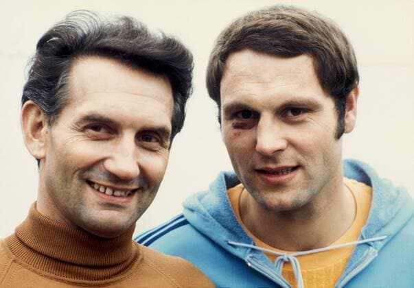 Bundestrainer Horst Käßler (li.) und Hans Günter Schmidt (beide BR Deutschland) Handball Herren Nationalmannschaft 1973, Vorstellung, Präsentation, Pressetermin, Porträttermin, BRD Gruppe Aufnahmedatum geschätzt Harmonie, Handball Herren Nationalmannschaft 1973, Vorstellung, Präsentation, Pressetermin, Porträttermin, BRD Gruppe Aufnahmedatum geschätzt Harmonie,