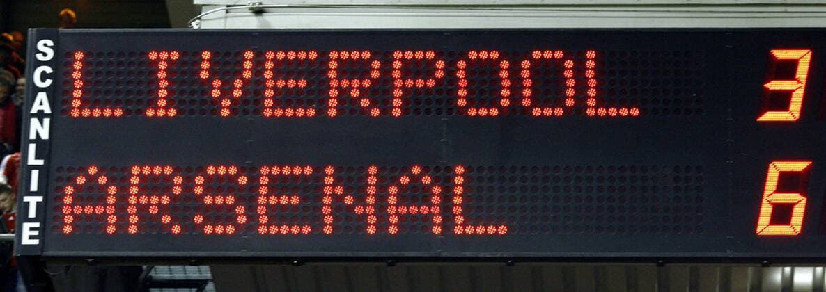 Liverpool - Arsenal 3:6 - Die Anzeigetafel kündet von einem torreichen Match - EDITORIAL USE ONLY. No use with unauthorised audio, video, data, fixture lists, club league logos or live services. Online in-match use limited to 120 images, no video emulation. No use in betting, games or single club league player publications. Fußball Herren Carling Cup 2006 2007, Englischer Ligapokal, Pokal, Pokalspiel, League Einzelbild o0 English Premier League, 1. Englische Liga Liverpool Fußball Herren Carling Cup 2006 2007, Englischer Ligapokal, Pokal, Pokalspiel, League Einzelbild o0 English Premier League, 1. Englische Liga Liverpool