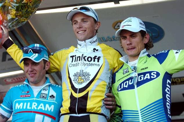 Siegerehrung Trofeo Laigueglia 2007, v.li.: Mirko Lorenzetto (Italien Milram), Sieger Mikhail Ignatiev (Rußland Tinkoff Credit Systems) und Filippo Pozzato (Italien Liquigas) - Radsport Herren Trofeo Laigueglia 2007, Straßenradsport, Straße, Rad Gruppe Freude, Radsport Herren Trofeo Laigueglia 2007, Straßenradsport, Straße, Rad Gruppe Freude,