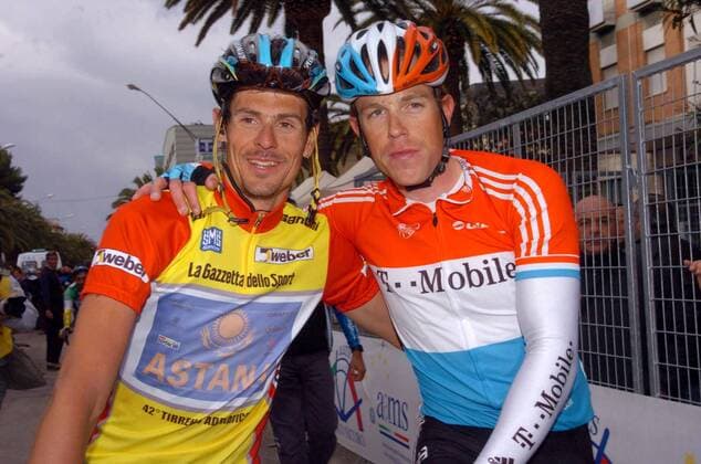 Gesamtsieger Andreas Klöden (Deutschland Astana, li.) und der Zweitplatzierte Kim Kirchen (Luxemburg T Mobile) am Ende der 42. Tirreno Adriatico 2007 - Radsport Herren 42. Tirreno Adriatico 2007, ProTour, Straßenradsport, Straße, Rad Gruppe Harmonie, Freude, Kameradschaft, Radsport Herren 42. Tirreno Adriatico 2007, ProTour, Straßenradsport, Straße, Rad Gruppe Harmonie, Freude, Kameradschaft,