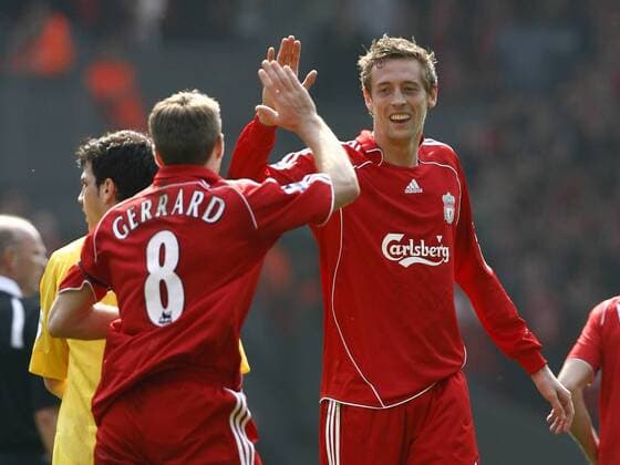 Peter Crouch (re.) und Steven Gerrard (beide Liverpool) - Torjubel - EDITORIAL USE ONLY. No use with unauthorised audio, video, data, fixture lists, club league logos or live services. Online in-match use limited to 120 images, no video emulation. No use in betting, games or single club league player publications. Fußball Herren English Premier League 2006 2007, 1. Englische Liga, FC Liverpool - Arsenal FC London 4:1 Gruppe Liverpool Freude, Fußball Herren English Premier League 2006 2007, 1. Englische Liga, FC Liverpool - Arsenal FC London 4:1 Gruppe Liverpool Freude,