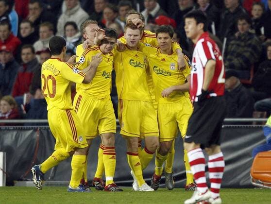 Torjubel Liverpool, v.li.: Javier Mascherano, Dirk Kuyt, Steven Gerrard, Torschütze John Arne Riise und Xabi Alonso - EDITORIAL USE ONLY. No use with unauthorised audio, video, data, fixture lists, club league logos or live services. Online in-match use limited to 120 images, no video emulation. No use in betting, games or single club league player publications. Fußball EC 1 Herren Champions League 2006 2007, PSV Eindhoven - FC Liverpool 0:3 Gruppe Eindhoven Freude, Fußball EC 1 Herren Champions League 2006 2007, PSV Eindhoven - FC Liverpool 0:3 Gruppe Eindhoven Freude,