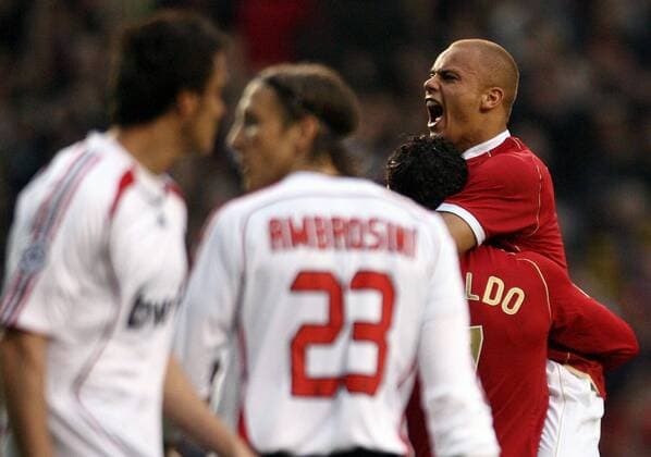 Wes Brown (re.) - Torjubel - Fußball EC 1 Herren Champions League 2006 2007, Manchester United - AC Mailand 3:2, ManU, Milan, Halbfinale Gruppe Manchester Freude, Begeisterung Fußball EC 1 Herren Champions League 2006 2007, Manchester United - AC Mailand 3:2, ManU, Milan, Halbfinale Gruppe Manchester Freude, Begeisterung