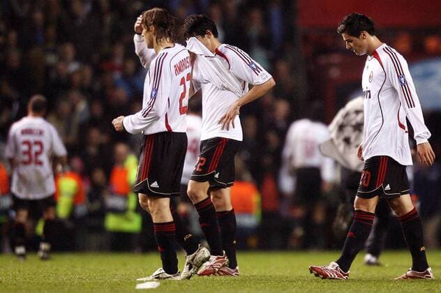 Abgang AC Mailand, v.re.: Yoann Gourcuff, Kaka und Massimo Ambrosini - Fußball EC 1 Herren Champions League 2006 2007, Halbfinale, AC Mailand, Milan Gruppe Manchester Enttäuschung, Fußball EC 1 Herren Champions League 2006 2007, Halbfinale, AC Mailand, Milan Gruppe Manchester Enttäuschung,