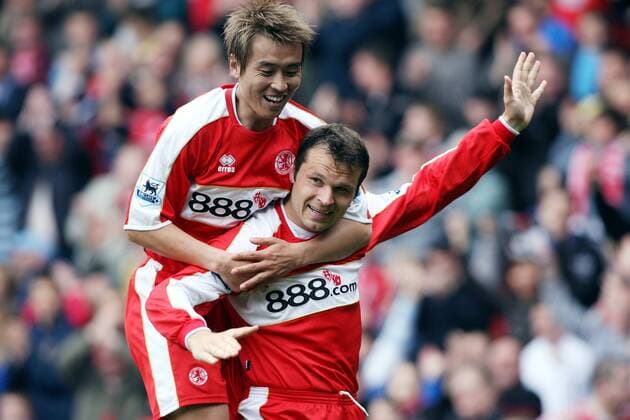 Mark Viduka (re.) und Dong Gook Lee (beide Middlesbrough) - Torjubel - Fußball Herren English Premier League 2006 2007, 1. Englische Liga, Middlesbrough FC, Vdig Gruppe Middlesbrough Freude, Begeisterung, Fußball Herren English Premier League 2006 2007, 1. Englische Liga, Middlesbrough FC, Vdig Gruppe Middlesbrough Freude, Begeisterung,