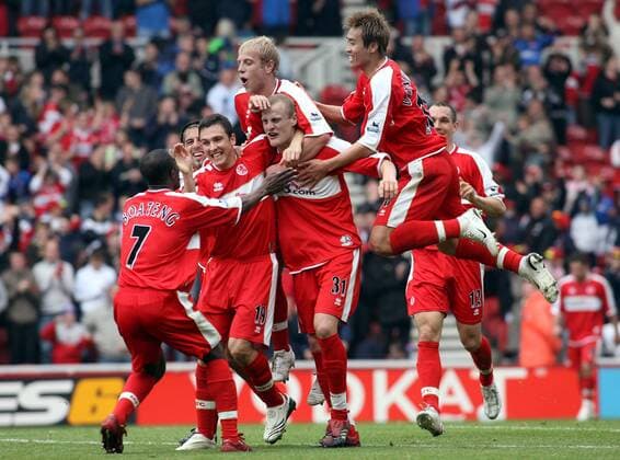 Torjubel Middlesbrough - Fußball Herren English Premier League 2006 2007, 1. Englische Liga, Middlesbrough FC, Vdig Gruppe Middlesbrough Freude, Begeisterung, Fußball Herren English Premier League 2006 2007, 1. Englische Liga, Middlesbrough FC, Vdig Gruppe Middlesbrough Freude, Begeisterung,