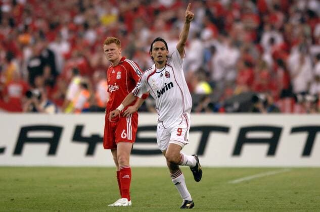 Filippo Inzaghi (AC Mailand, re.) - Torjubel, John Arne Riise (Liverpool) enttäuscht Fußball EC 1 Herren Champions League Finale 2006 2007, Endspiel, Milan - FC Liverpool 2:1 Gruppe Athen Freude, Enttäuschung, Fußball EC 1 Herren Champions League Finale 2006 2007, Endspiel, Milan - FC Liverpool 2:1 Gruppe Athen Freude, Enttäuschung,