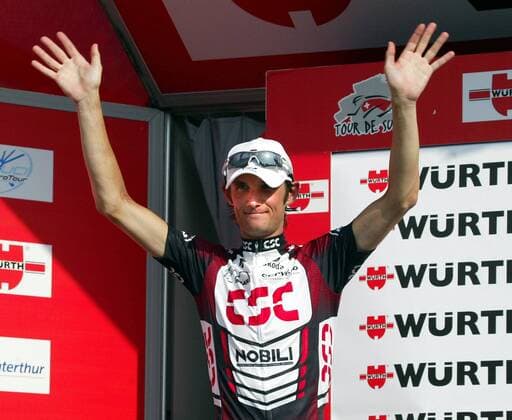 Fränk Schleck (Luxemburg CSC) - Gesamtführender der Tour de Suisse nach der 5. Etappe Radsport Herren Tour de Suisse 2007, ProTour, Straßenradsport, Straße, Rad Einzelbild 5. Etappe: Vaduz - Giubiasco Freude, Radsport Herren Tour de Suisse 2007, ProTour, Straßenradsport, Straße, Rad Einzelbild 5. Etappe: Vaduz - Giubiasco Freude,