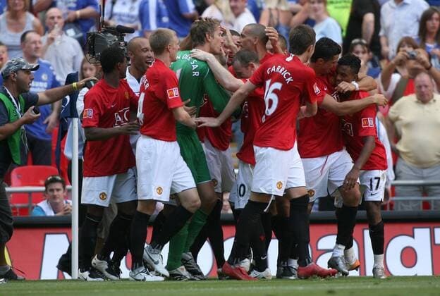 Schlussjubel Manchester United - Fußball Herren Community Shield 2007, englischer Supercup, English Premier League, 1. Englische Liga Gruppe 2008 London Freude, Begeisterung, Fußball Herren Community Shield 2007, englischer Supercup, English Premier League, 1. Englische Liga Gruppe 2008 London Freude, Begeisterung,