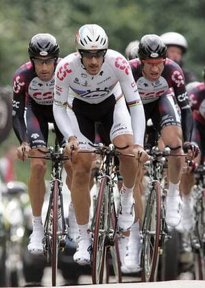 Fabian Cancellara (Schweiz, Mitte) spannt sich vor Jens Voigt (Deutschland, re.) und Bobby Julich (Deutschland alle CSC) Radsport Herren Deutschland Tour 2007, Deutschlandtour, ProTour, Straßenradsport, Straße, Rad, Zeitfahren Gruppe Mannschaftszeitfahren 2. Etappe: Bretten - Bretten Radsport Herren Deutschland Tour 2007, Deutschlandtour, ProTour, Straßenradsport, Straße, Rad, Zeitfahren Gruppe Mannschaftszeitfahren 2. Etappe: Bretten - Bretten