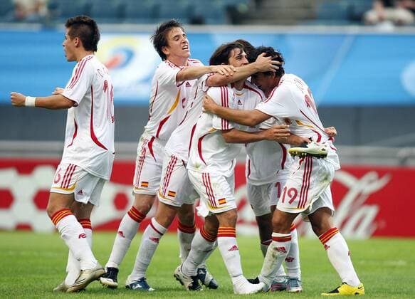 Torjubel Spanien U 17, u.a. mit: Jordi (re.) Fußball Länderspiel Herren U17 WM 2007, Nationalmannschaft, Nationaltrikot, Junioren, Viertelfinale Gruppe Jeju Begeisterung, Freude, Fußball Länderspiel Herren U17 WM 2007, Nationalmannschaft, Nationaltrikot, Junioren, Viertelfinale Gruppe Jeju Begeisterung, Freude,