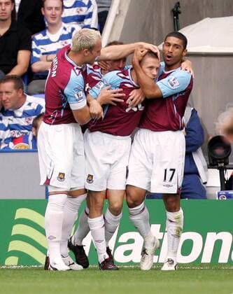 Torjubel West Ham, v.li.: Dean Ashton, Craig Bellamy, Hayden Mullins - EDITORIAL USE ONLY. No use with unauthorised audio, video, data, fixture lists, club league logos or live services. Online in-match use limited to 120 images, no video emulation. No use in betting, games or single club league player publications. Fußball Herren English Premier League 2007 2008, 1. Englische Liga, West Ham United Gruppe Reading Freude, Fußball Herren English Premier League 2007 2008, 1. Englische Liga, West Ham United Gruppe Reading Freude,