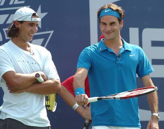 Rafael Nadal (Spanien, li.) und Roger Federer (Schweiz) gut gelaunt beim Arthur Ashe Kids Day 2007 - (Icon30951288) Tennis Herren Arthur Ashe Kids Day 2007, Benefiz, Benefizspiel, Schaukampf, Showkampf, Showmatch Gruppe o0 US Open Grand Slam New York, NY, N Y Tennis Herren Arthur Ashe Kids Day 2007, Benefiz, Benefizspiel, Schaukampf, Showkampf, Showmatch Gruppe o0 US Open Grand Slam New York, NY, N Y EDITORIAL USE ONLY
