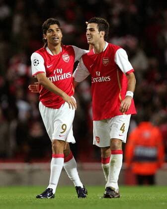 Eduardo da Silva (li.) und Cesc Fabregas (beide Arsenal) - Torjubel - EDITORIAL USE ONLY. No use with unauthorised audio, video, data, fixture lists, club league logos or live services. Online in-match use limited to 120 images, no video emulation. No use in betting, games or single club league player publications. Fußball EC 1 Herren Champions League 2007 2008, Arsenal FC London Gruppe London Freude, Fußball EC 1 Herren Champions League 2007 2008, Arsenal FC London Gruppe London Freude,
