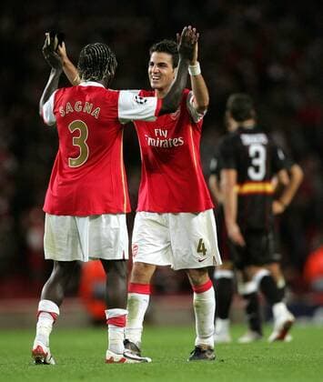 Bacary Sagna (li.) und Cesc Fabregas (beide Arsenal) jubeln- EDITORIAL USE ONLY. No use with unauthorised audio, video, data, fixture lists, club league logos or live services. Online in-match use limited to 120 images, no video emulation. No use in betting, games or single club league player publications. Fußball EC 1 Herren Champions League 2007 2008, Arsenal FC London Gruppe London Freude, Fußball EC 1 Herren Champions League 2007 2008, Arsenal FC London Gruppe London Freude,