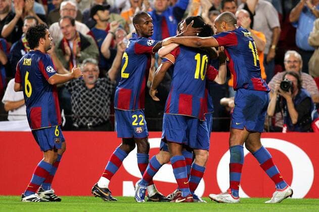 Torjubel FC Barcelona, v.li.: Xavi, Eric Abidal, Ronaldinho und Thierry Henry - (pan22327) Fußball EC 1 Herren Champions League 2007 2008, FC Barcelona, Barca Gruppe Barcelona Freude, Begeisterung, Fußball EC 1 Herren Champions League 2007 2008, FC Barcelona, Barca Gruppe Barcelona Freude, Begeisterung,
