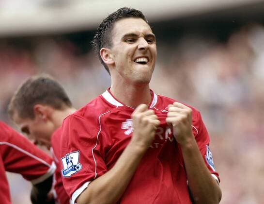 Stewart Downing (Middlesbrough) - Torjubel - EDITORIAL USE ONLY. No use with unauthorised audio, video, data, fixture lists, club league logos or live services. Online in-match use limited to 120 images, no video emulation. No use in betting, games or single club league player publications. Fußball Herren English Premier League 2007 2008, 1. Englische Liga, FC Middlesbrough Einzelbild Middlesbrough Freude, Fußball Herren English Premier League 2007 2008, 1. Englische Liga, FC Middlesbrough Einzelbild Middlesbrough Freude,