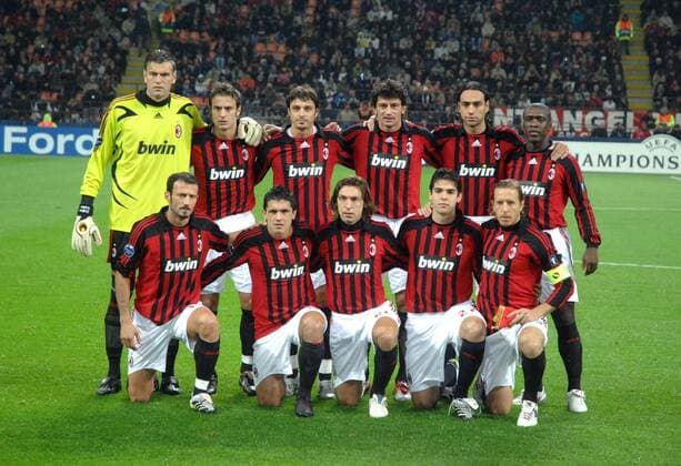 Mannschaftsbild AC Mailand hi.v.li.: Zeljko Kalac, Alberto Gilardino, Massimo Oddo, Kakhaber Kaladze, Alessandro Nesta, Clarence Seedorf; vorn: Giuseppe Favalli, Gennaro Gattuso, Andrea Pirlo, Kaka, Massimo Ambrosini - Fußball EC 1 Herren Champions League 2007 2008, AC Mailand, Milan, Vdig Totale Mailand Fußball EC 1 Herren Champions League 2007 2008, AC Mailand, Milan, Vdig Totale Mailand