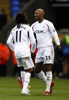 Nicolas Anelka (re.) und Ricardo Gardner (beide Bolton) jubeln - EDITORIAL USE ONLY. No use with unauthorised audio, video, data, fixture lists, club league logos or live services. Online in-match use limited to 120 images, no video emulation. No use in betting, games or single club league player publications. Fußball Herren English Premier League 2007 2008, 1. Englische Liga, Bolton Wanderers Gruppe Bolton Freude, Fußball Herren English Premier League 2007 2008, 1. Englische Liga, Bolton Wanderers Gruppe Bolton Freude,