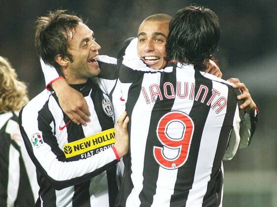 Torjubel Juventus Turin, v.li.: Nicola Legrottaglie, David Trezeguet und Vicenzo Iaquinta - Fußball Herren Serie A 2007 2008, 1. Italienische Liga, Juve Gruppe Turin Freude, Begeisterung, Fußball Herren Serie A 2007 2008, 1. Italienische Liga, Juve Gruppe Turin Freude, Begeisterung,
