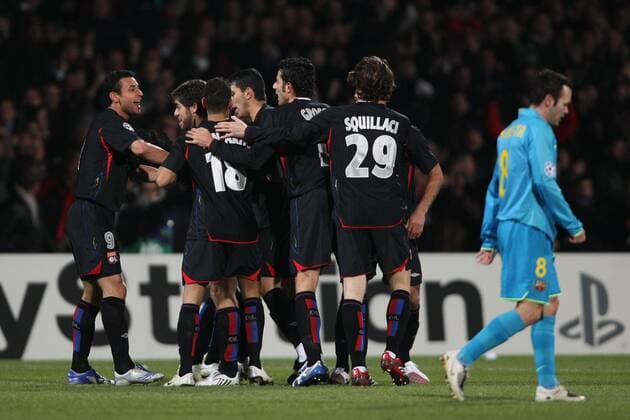 Torjubel Lyon u.a. mit Fred (li.) und Juninho (2.v.li.) - Fußball EC 1 Herren Champions League 2007 2008, Olympique Lyonnais - FC Barcelona 2:2, Barca, OL, Vdig Gruppe Lyon Freude, Enttäuschung, Begeisterung, Fußball EC 1 Herren Champions League 2007 2008, Olympique Lyonnais - FC Barcelona 2:2, Barca, OL, Vdig Gruppe Lyon Freude, Enttäuschung, Begeisterung,