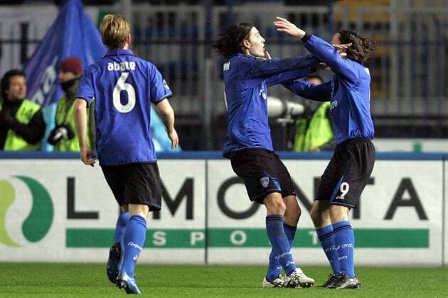 Torjubel Empoli, u.a. Torschütze Nicola Pozzi - Fußball Herren Coppa Italia 2007 2008, Italienischer Pokal, Pokalspiel, Empoli FC Gruppe Empoli Freude, Begeisterung, Fußball Herren Coppa Italia 2007 2008, Italienischer Pokal, Pokalspiel, Empoli FC Gruppe Empoli Freude, Begeisterung,