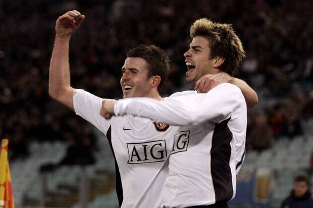 Gerard Pique (re.) und Michael Carrick (beide Manchester United) - Torjubel - EDITORIAL USE ONLY. No use with unauthorised audio, video, data, fixture lists, club league logos or live services. Online in-match use limited to 120 images, no video emulation. No use in betting, games or single club league player publications. Fußball EC 1 Herren Champions League 2007 2008, Manchester United, ManU Gruppe Rom Freude, Begeisterung, Fußball EC 1 Herren Champions League 2007 2008, Manchester United, ManU Gruppe Rom Freude, Begeisterung,