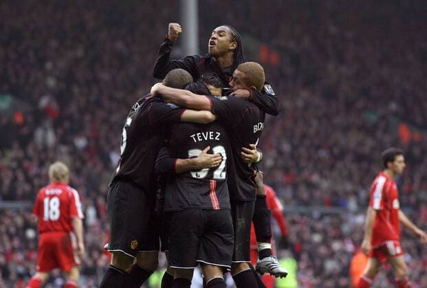 Torjubel Manchester United, u.a. Anderson (2.v.re.) und Wes Brown (re.) - Fußball Herren English Premier League 2007 2008, 1. Englische Liga, Manchester United, ManU Gruppe Liverpool Freude, Begeisterung, Fußball Herren English Premier League 2007 2008, 1. Englische Liga, Manchester United, ManU Gruppe Liverpool Freude, Begeisterung,