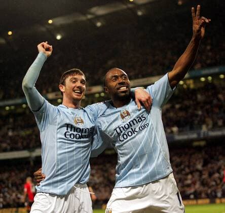 Torschütze Darius Vassell (re.) und Stephen Ireland (beide Manchester City) - Torjubel - EDITORIAL USE ONLY. No use with unauthorised audio, video, data, fixture lists, club league logos or live services. Online in-match use limited to 120 images, no video emulation. No use in betting, games or single club league player publications. Fußball Herren English Premier League 2007 2008, 1. Englische Liga, Manchester City Gruppe Manchester Freude, Fußball Herren English Premier League 2007 2008, 1. Englische Liga, Manchester City Gruppe Manchester Freude,