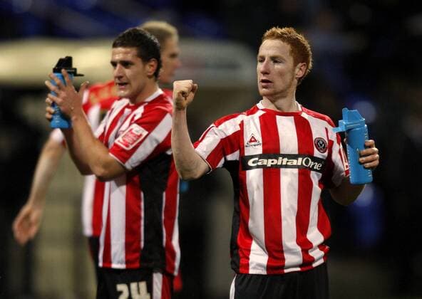 Stephen Quinn (re.) und Billy Sharp (beide Sheffield United) - Schlussjubel - EDITORIAL USE ONLY. No use with unauthorised audio, video, data, fixture lists, club league logos or live services. Online in-match use limited to 120 images, no video emulation. No use in betting, games or single club league player publications. Fußball Herren FA Cup 2007 2008, Englischer Pokal, Pokalspiel, Sheffield United Gruppe Bolton Fußball Herren FA Cup 2007 2008, Englischer Pokal, Pokalspiel, Sheffield United Gruppe Bolton