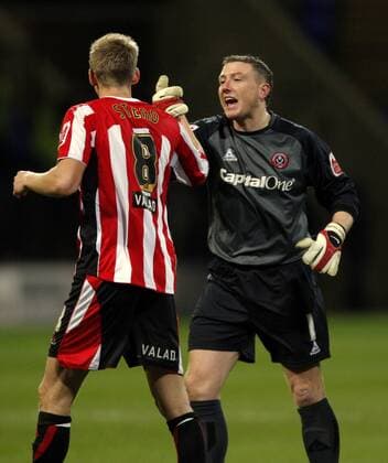 Torwart Patrick Kenny und Jonathan Stead (beide Sheffield United) - Schlussjubel - EDITORIAL USE ONLY. No use with unauthorised audio, video, data, fixture lists, club league logos or live services. Online in-match use limited to 120 images, no video emulation. No use in betting, games or single club league player publications. Fußball Herren FA Cup 2007 2008, Englischer Pokal, Pokalspiel, Sheffield United Gruppe Bolton Freude, Fußball Herren FA Cup 2007 2008, Englischer Pokal, Pokalspiel, Sheffield United Gruppe Bolton Freude,