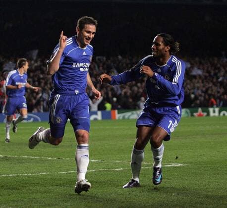 Frank Lampard (li.) und Didier Drogba (beide Chelsea) - Torjubel - EDITORIAL USE ONLY. No use with unauthorised audio, video, data, fixture lists, club league logos or live services. Online in-match use limited to 120 images, no video emulation. No use in betting, games or single club league player publications. Fußball EC 1 Herren Champions League 2007 2008, Chelsea FC London Gruppe London Freude, Fußball EC 1 Herren Champions League 2007 2008, Chelsea FC London Gruppe London Freude,