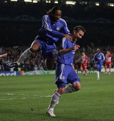 Frank Lampard (re.) und Didier Drogba (beide Chelsea) - Torjubel - EDITORIAL USE ONLY. No use with unauthorised audio, video, data, fixture lists, club league logos or live services. Online in-match use limited to 120 images, no video emulation. No use in betting, games or single club league player publications. Fußball EC 1 Herren Champions League 2007 2008, Chelsea FC London Gruppe London Freude, Begeisterung, Fußball EC 1 Herren Champions League 2007 2008, Chelsea FC London Gruppe London Freude, Begeisterung,
